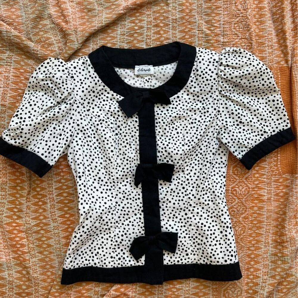 Vintage Black and White Polka Dot Blouse - Size XS/S